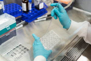 A person in blue gloves and a lab coat uses a pipette to add liquid to a multi-well plate on a stainless steel surface, with various lab equipment in the background.